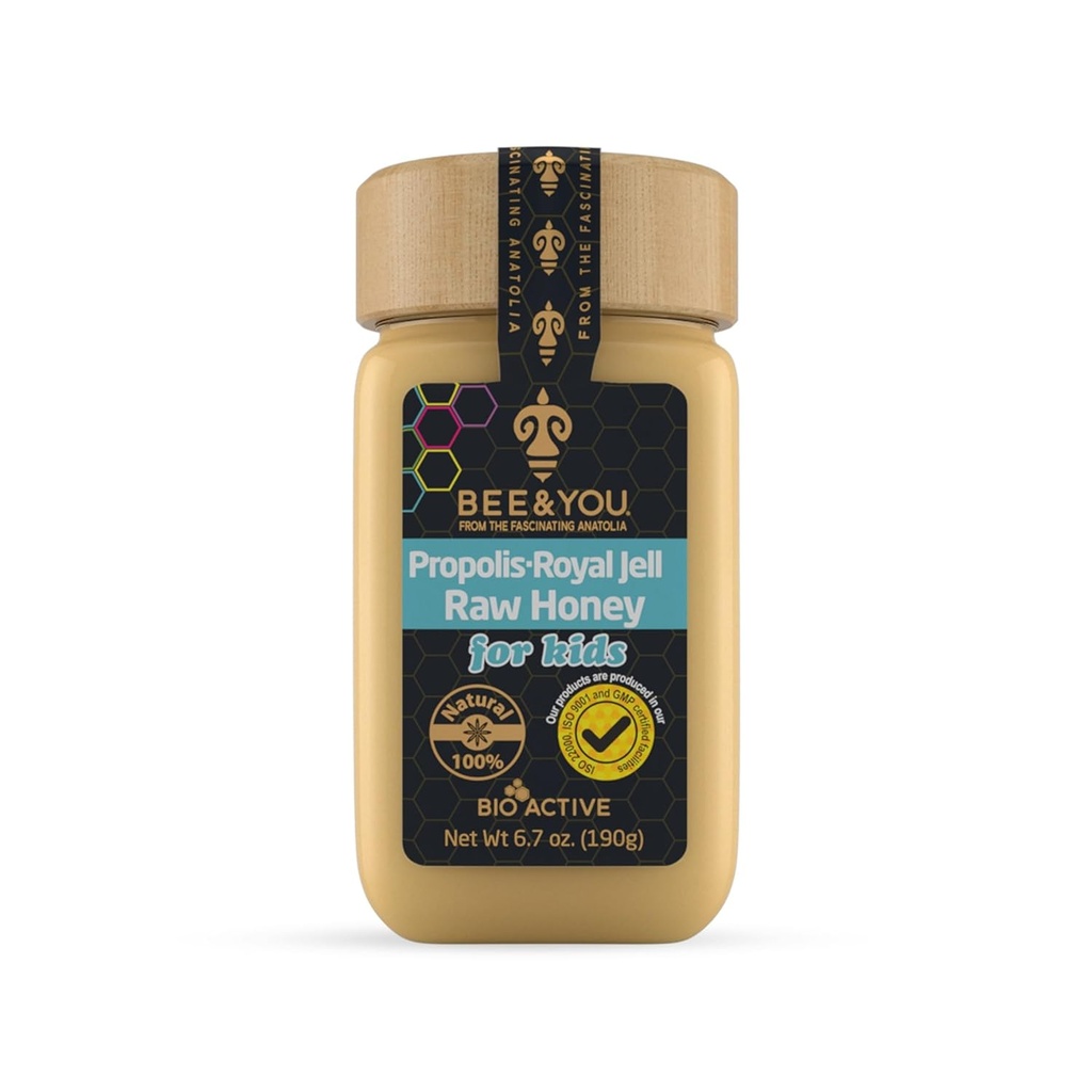 Bee and you Royal Jelly Raw Honey for Kids, Propolis Extract, 100% Natural Superfood, Ultra Pure, Immune Support Supplement, Antioxidants, Keto, Paleo, Gluten-Free, 6,7 oz