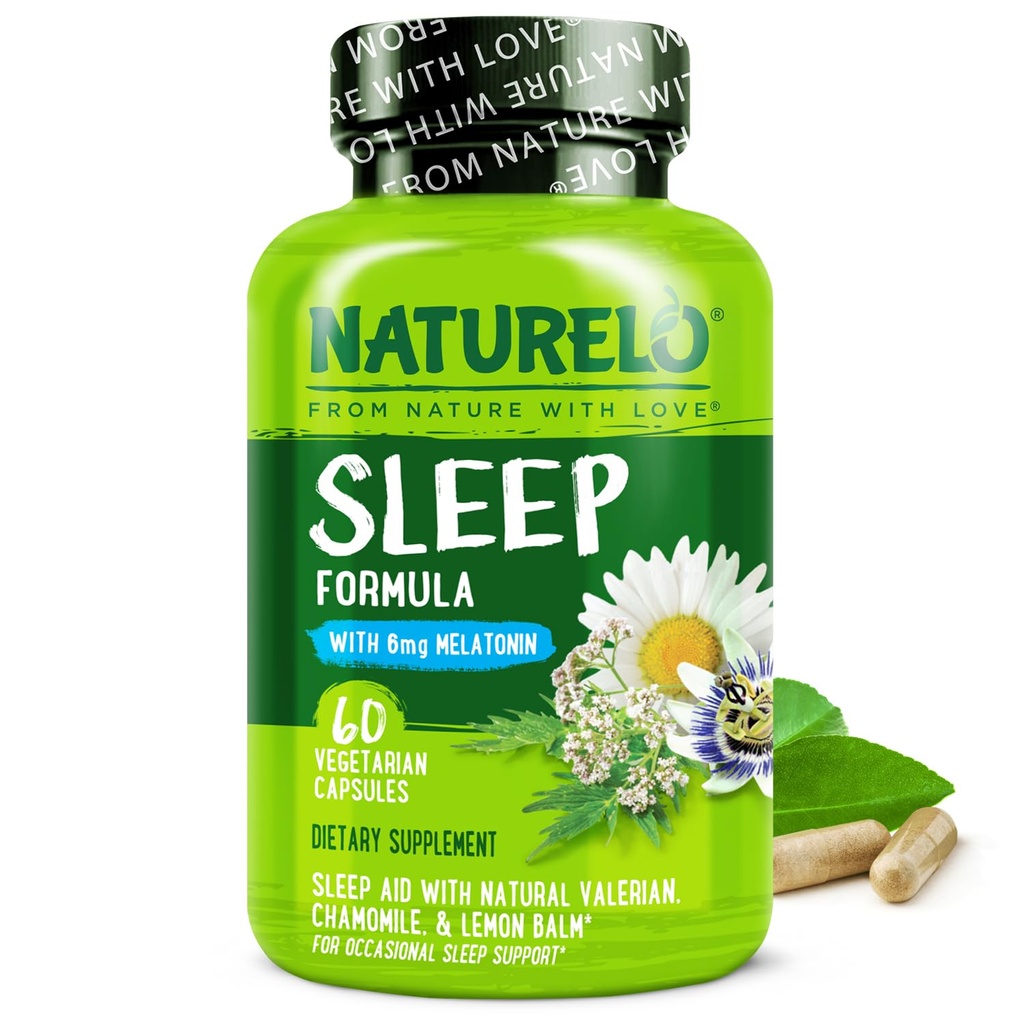 NATURELO Sleep Aid - με μελατονίνη, μαγνήσιο, GABA, ρίζα βαλεριάνας, βάλσαμο λεμονιού, εκχυλίσματα βοτάνων χαμομηλιού - φυτική βοήθεια ύπνου - 60 κάψουλες Vegan