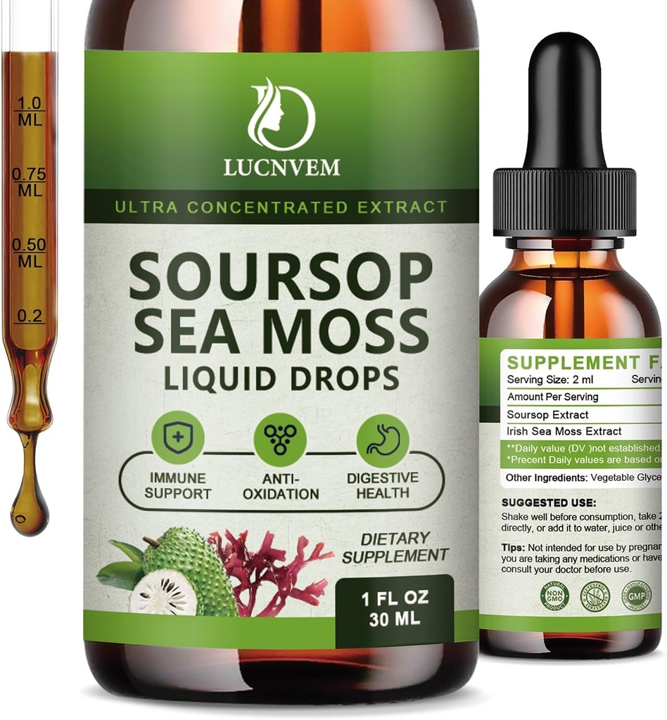 (2 Πακέτο) Βιολογικά Soursop Graviola με υγρές σταγόνες θαλασσινών Moss, bitters Soursop πλούσια σε πολυβιταμίνη για φυσικό αντιοξειδωτικό, ανοσοενισχυτικό, υποστήριξη & αναγέννηση κυττάρων, γεύση ανανά