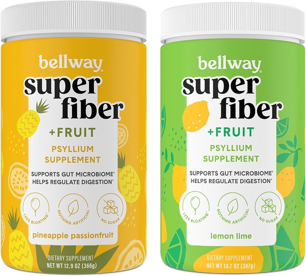 Bellway Super Fiber σκόνη + Φρούτα, Χωρίς ζάχαρη Βιολογικό Psyllium Husk Fiber συμπλήρωμα για την κανονικότητα, Bloating Relief & Gut Health, Μη-GMO, Ανανάς Πάθος Φρούτο & λεμόνι Lime