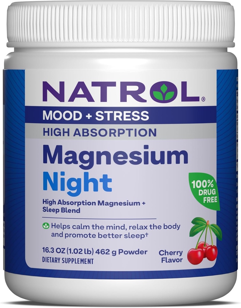 Natrol Μαγνήσιο Νύχτα 325 mg, Μαγνήσιο Υψηλής Απορρόφησης και τον ύπνο Μείγμα για να βοηθήσει να ηρεμήσει το μυαλό, να χαλαρώσετε το σώμα και να προωθήσει τον καλύτερο ύπνο, 16,3 OZ του Cherry-Flavored σκόνη, Μέχρι 60 ημέρες προσφοράς