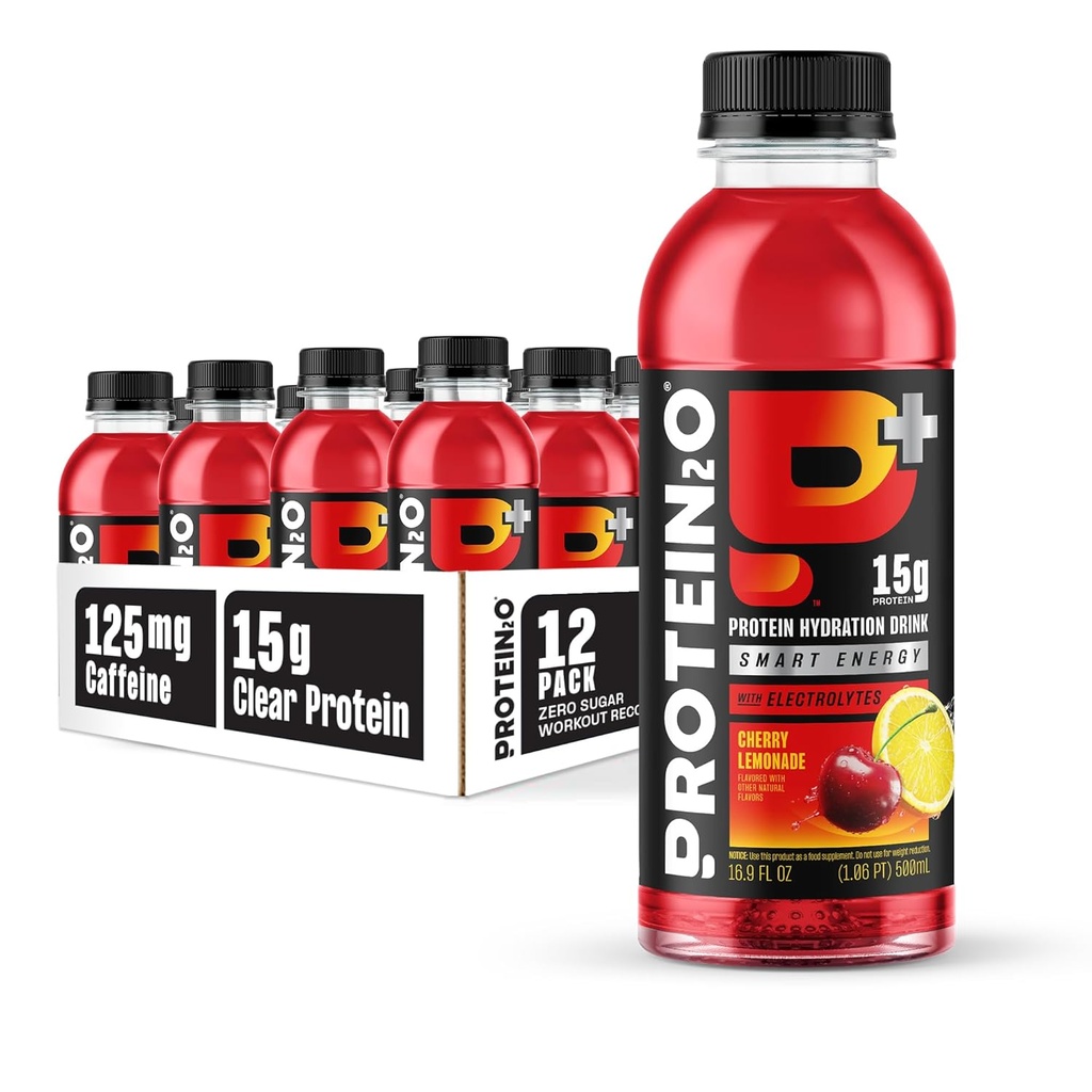 Protein2o 15g Whey Protein Isolate Hydration Drink Plus Energy & Focus, 350mg ηλεκτρολυτών, 125mg καφεΐνης, Χωρίς ζάχαρη, Cherry Lemonade, 16,9 oz Μπουκάλι (πακέτο των 12)