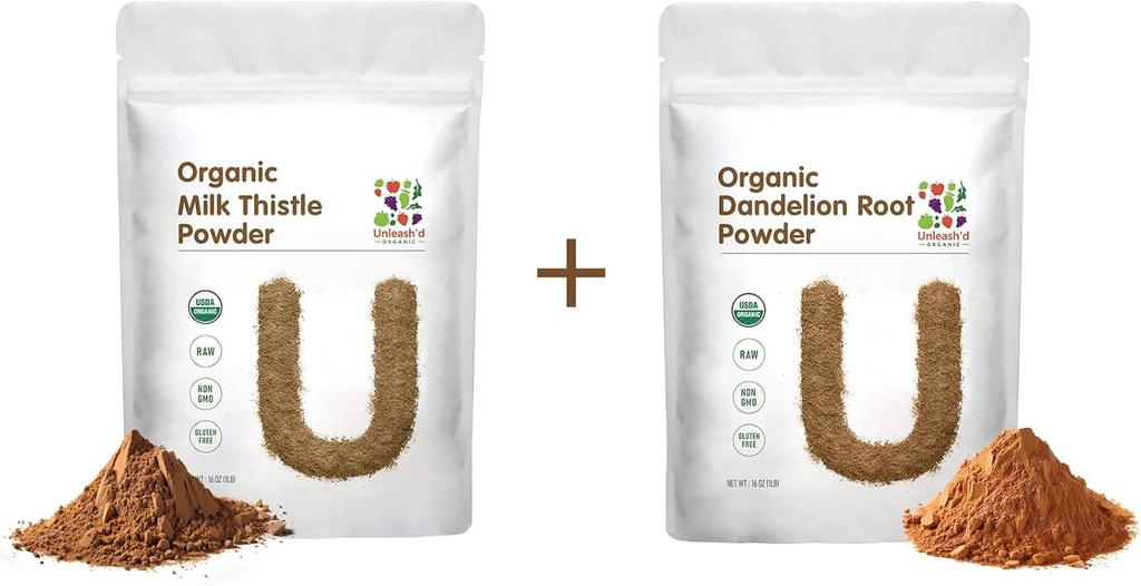 UNLEASH'D ORGANIC γάλα γαϊδουράγκαθο σκόνη 1 λίρα και οργανική σκόνη ρίζας δαντελίων 1 λίρα