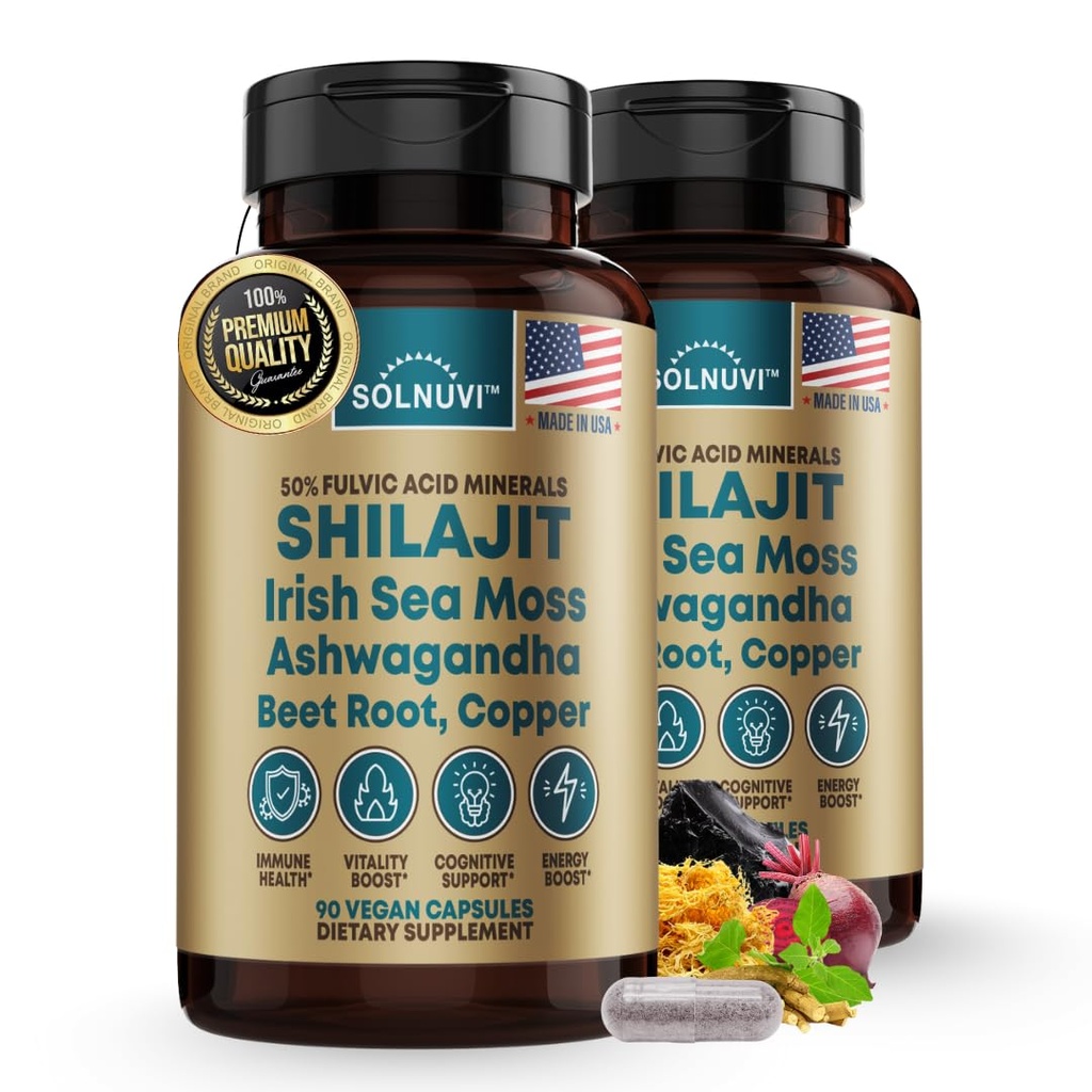 Shilajit Καθαρές Οργανικές Κάψουλες Ιμαλαΐων με Ιρλανδικό Θαλασσινό Μος, Ashwagandha, Χαλκός, Ρίζα τεύτλων - Fulvic Acid Trace Minerals Συμπλήρωμα για Άνδρες & Γυναίκες - 90 Count, Μη ΓΤΟ, Χωρίς Γλουτένη