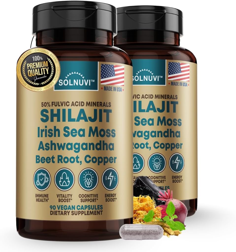 Shilajit Pure Himalayan Organic Capsules with Irish Sea Moss, Ashwagandha, Copper, Beet Root - Fulvic Acid Trace Minerals Supplement for Men & Women - 90 Count, Non-GMO, Gluten-Free