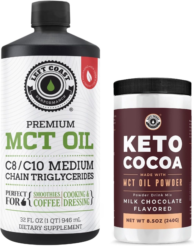 Left Coast Performance 100% Coconut MCT Oil Liquid, 32oz + Keto Coco Drink Mix, 8.5oz
