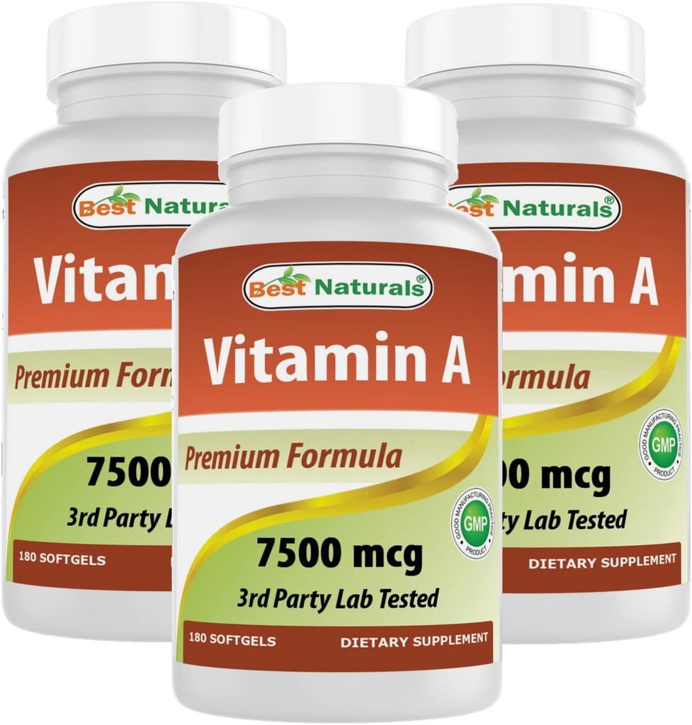 Best Naturals Βιταμίνη A 25000 IU (7500 mcg), Μη ΓΤΟ Formula Υποστηρίζει Υγιή Όραμα & ανοσοποιητικό σύστημα και υγιή ανάπτυξη & αναπαραγωγή, 180 Softgels (180 Count (Pack of 3))
