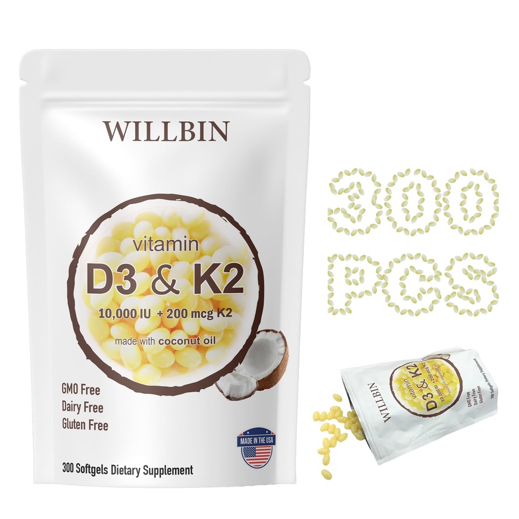 300 Pcs 2 σε 1 Βιταμίνη D3 10000 eu Plus K2 (MK-7) 200 mcg, Λάδι καρύδας Softgels με Βιταμίνες D & K, Υποστηρίζει την υγεία των οστών, της καρδιάς και του ανοσοποιητικού - Easy to Swallow & Non-GMO
