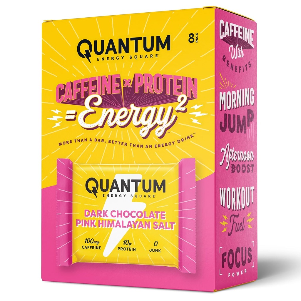 Quantum Energy Square: Energy Bar με καφεΐνη & 10g πρωτεΐνη. Delicious Healthy Snack On The Go. (Βέγκαν, χωρίς γλουτένη, χωρίς σόγια, χωρίς γαλακτοκομικά) (Σκοτεινό Σοκολάτα Pink Αλάτι Ιμαλαΐων)
