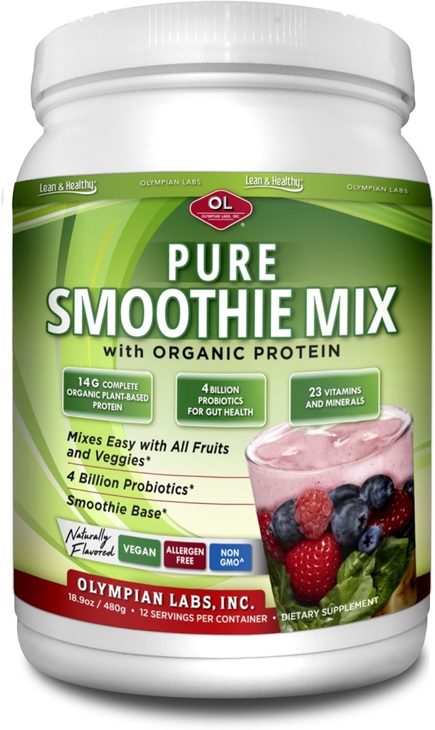 Olympian Labs Pure Smoothie Mix, Pea Protein Powder Plus Προβιοτικά, Βιταμίνες, Ορυκτά, CLA, & Σπόροι λιναριού.