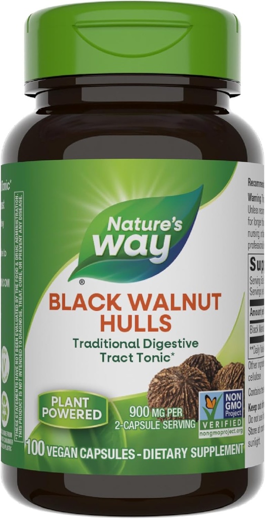 Nature's Way Black Walnut Hulls, Traditional Digestive Tract Tonic*, 900 mg ανά 2-Capsule Serving, Μη-GMO Project Επαληθευμένο, Vegan, 100 κάψουλες (Packing May Vary)