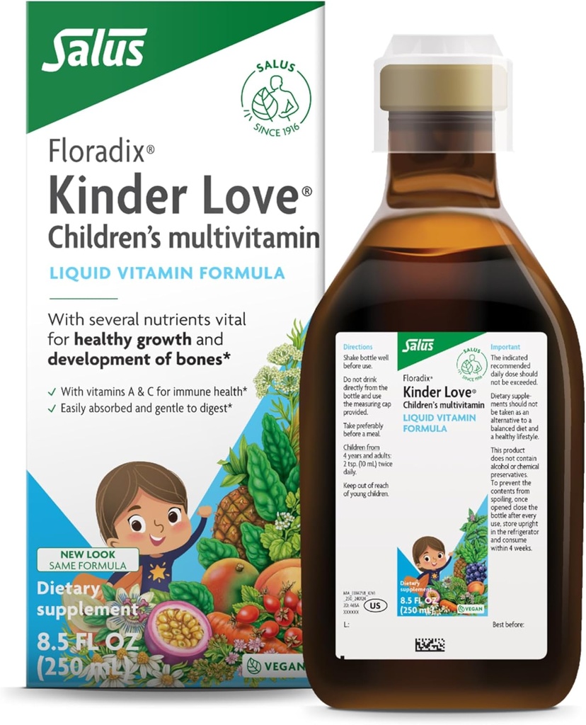 Floradix Kinder Love Children's Multivitamin - Βότανο συμπλήρωμα - Υγρή πολυβιταμίνη για παιδιά - Βιταμίνες A, C, D & E, Ασβέστιο & More - Χορτοφαγική, Μη ΓΤΟ, Χωρίς Γλουτένη - 8.5 fl oz
