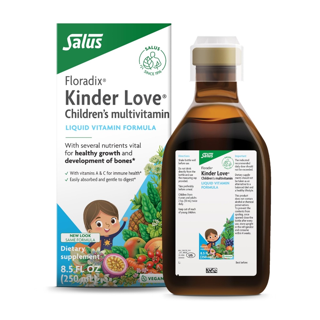 Floradix Kinder Love Children's Multivitamin - Βότανο συμπλήρωμα - Υγρή πολυβιταμίνη για παιδιά - Βιταμίνες A, C, D & E, Ασβέστιο & More - Χορτοφαγική, Μη ΓΤΟ, Χωρίς Γλουτένη - 8.5 fl oz