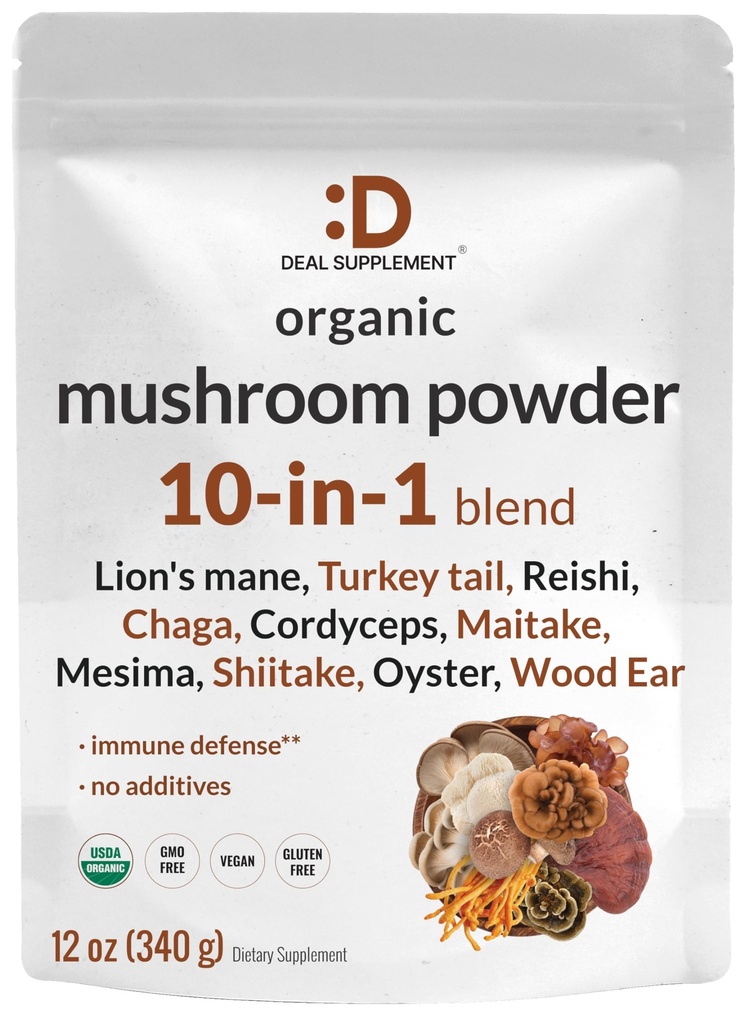 DEAL ΣΥΜΠΛΗΡΩΜΑ Βιολογικό Mushroom Powder Supplement, 12oz – 10 in 1 Active Blend – Shiitake, Lions Mane, Cordyceps, Chaga, with More –Supports Immune, Energy, & Brain Health – Non-GMO, Vegan