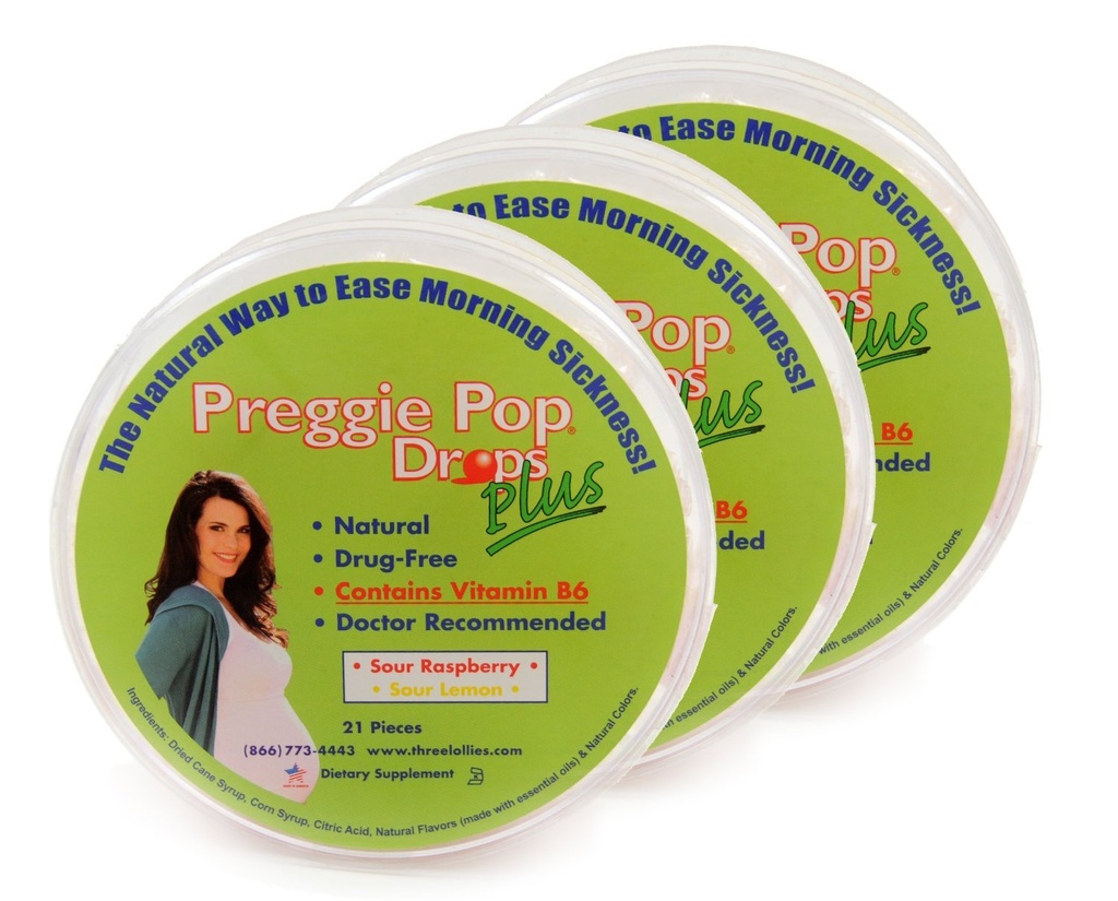 Τρεις Lollyes Preggie Pop Drops Plus με κάψουλες Β6, Sour Raspberry/Lemon, 3 Count
