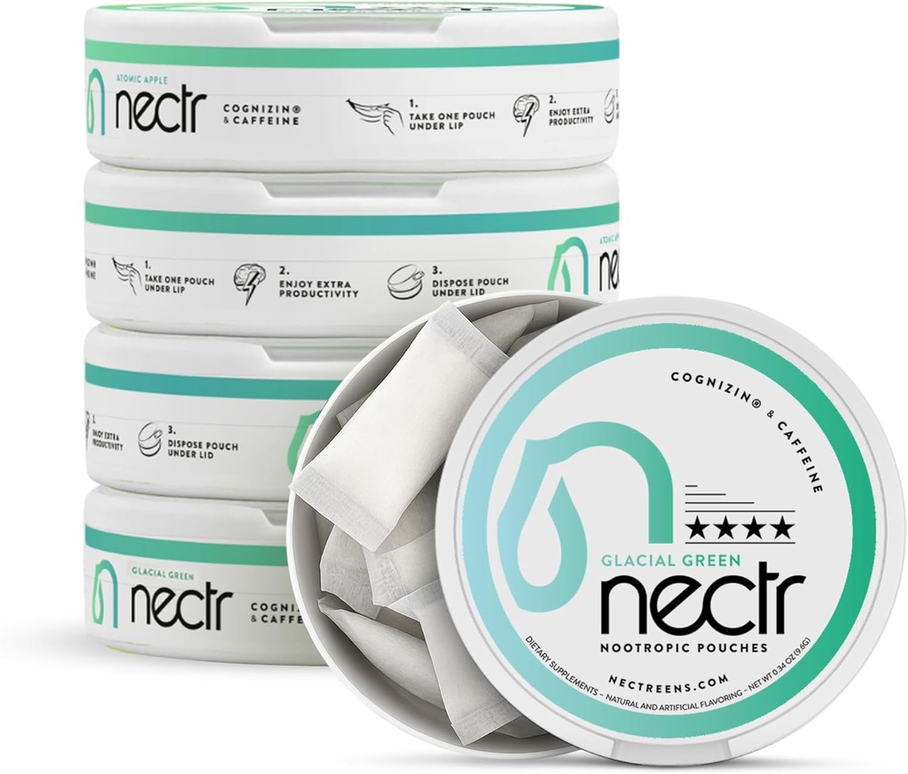 Nectr Energy Nootropic Pouches – Glacial Green Wintergreen Caffeine Pouches με Cognizin® Citicoline. Φάρμακα εγκεφάλου χωρίς ζάχαρη. Ομαλή, διαρκής εστίαση & συμπλήρωμα ενέργειας - 5 Pucks των 16pcs