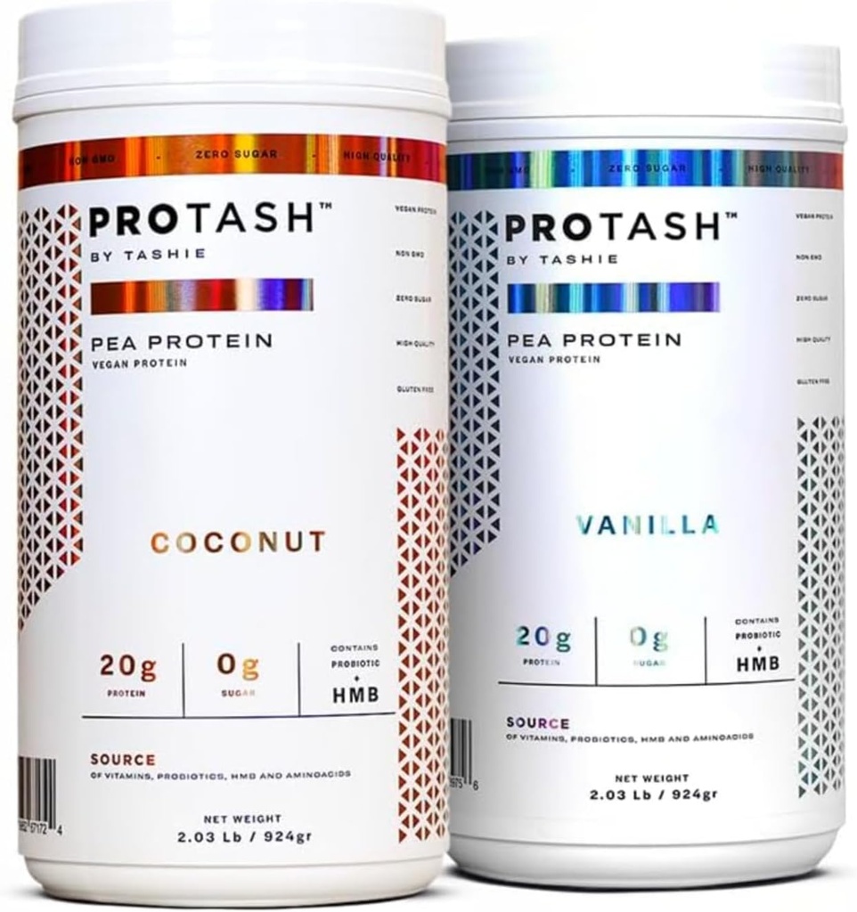 Pack of 2 | Vegan Protein Powder by TASHIE, 20g Pea Protein for Men and Women, Non GMO, Zero Sugar, Contains Probiotic & HMB (Vanilla & Coconut)