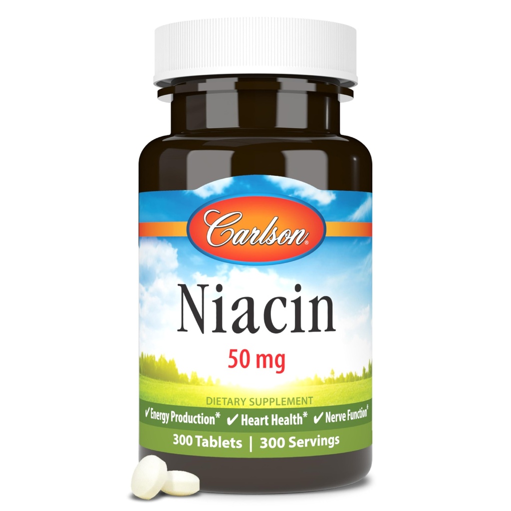 Carlson - Νιασίνη, 50 mg, Υποστηρίζει Χοληστερόλη Μεταβολισμός, Παραγωγή Ενέργειας, Υγεία καρδιάς, Νευρική λειτουργία, 300 δισκία