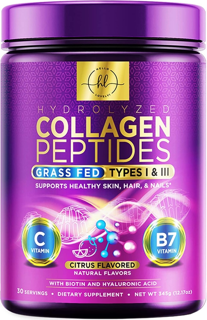 Γεια σου, Λόβλι! Κολαγόνο Peptides σκόνη, Grass-Fed σκόνη κολλαγόνου για γυναίκες τύπου I & III, w/Hyaluronic Acid & Biotin, μαλλιά, δέρμα, νύχια & κοινή υποστήριξη, συμπλήρωμα κολλαγόνου - 30 Σερβιέτες