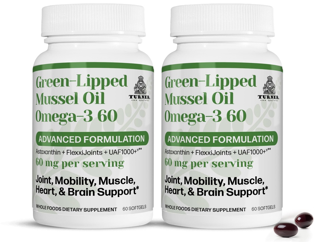 TURNER New Zealand Green Lippped Omega-3 Mussel Oil, 53x Ανώτερη ισχύς με UAF1000+ Super Antioxidant, χωρίς ψαρική επίγευση, 2 μπουκάλια, 120 Softgels
