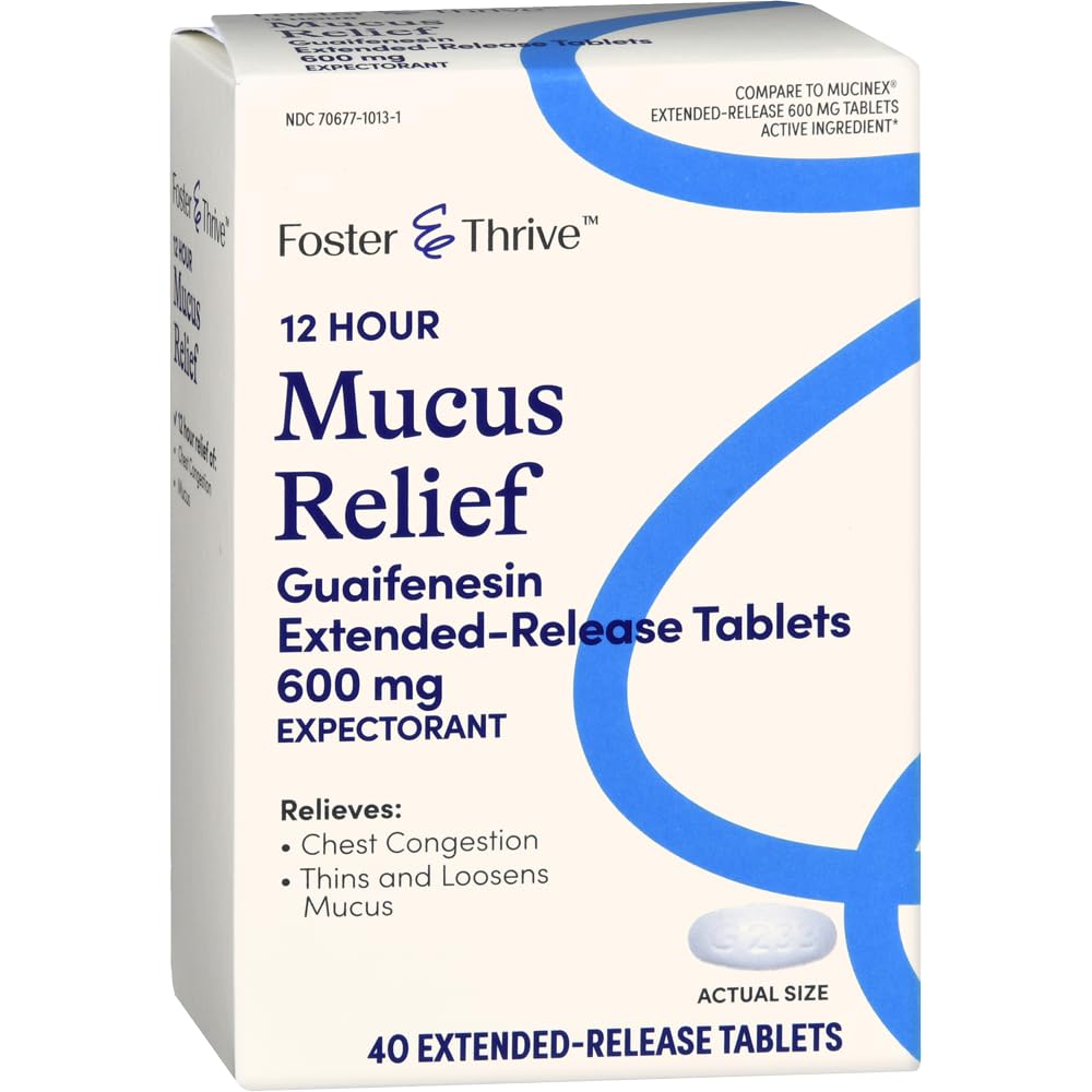 Foster & Thrive Chest Congestion Mucus Extended Release, 600 mg Guaifenesin Ανακουφίζει το στήθος Συμφόρηση που προκαλείται από το Excess Mucus, (Σε σύγκριση με το Mucinex 12 Hour Extended Release), 40 δισκία