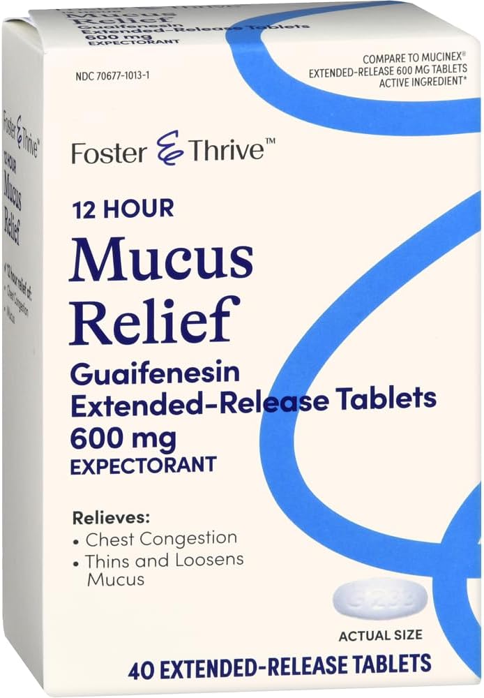 Foster & Thrive Chest Congestion Mucus Extended Release, 600 mg Guaifenesin Relieves Chest Congestion Caused by Excess Mucus, (Compare to Mucinex 12 Hour Extended Release), 40 Tablets