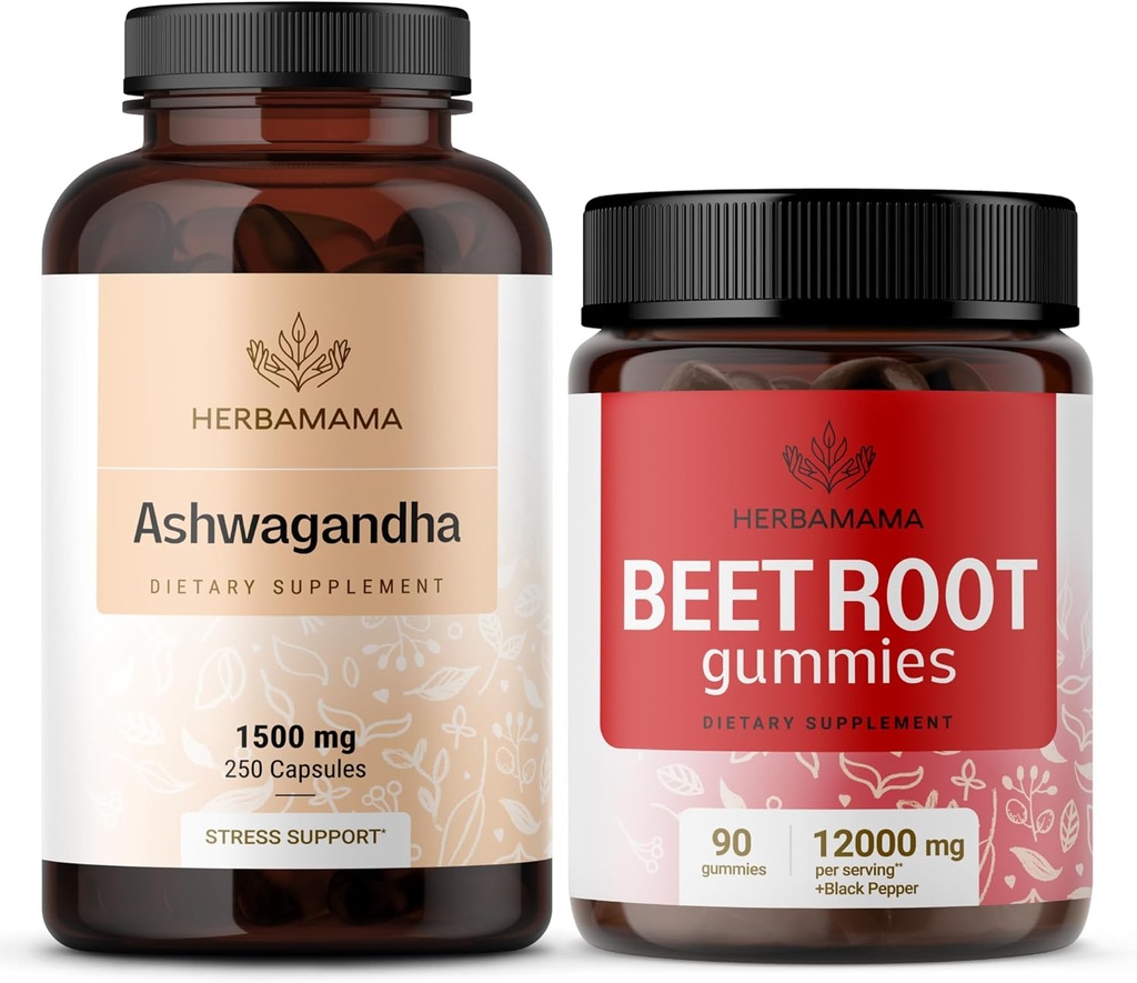 HERBAMAMA Ashwagandha και Beet Root Kit - Bundle των 1500 mg Ashwagandha Root Κάψουλες & 1500 mg Beet Root Gummies - Vegan, Non-GMO, Gelatin-free - 2 Pack