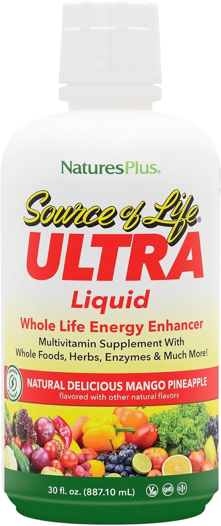 NaturesPlus Ultra Source of Life Liquid - 30 fl oz - Mango Pineapple Flavor - Multivitamin Supplement with Vitamin D3 and Lutein - Χορτοφαγική, χωρίς γλουτένη - 30 Σερβιέτες