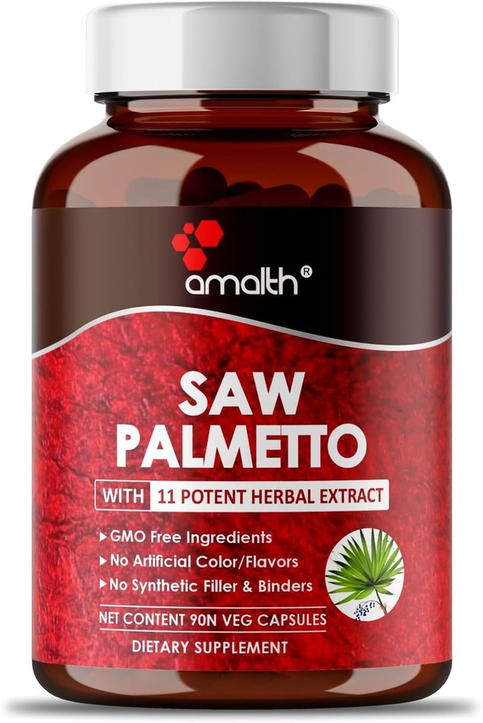 AMALTH Premium Saw Palmetto Κάψουλα- Επιπλέον δύναμη που διαμορφώνεται με Ashwagandha, Tribulus, Τζίντζερ, Maca, Άγιος Βασίλειος και περισσότερα φυσική υποστήριξη προστάτη, 90 κάψουλες