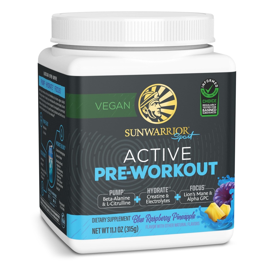 Sunwarrior Pre Workout Powder Energy Drink Vegan Plant-Based Supplement Pump, Hydrate, Focus, Endurance, & Strength Builder Blue Raspberry Pineapple Flavored 30 Servings Active Preworkout