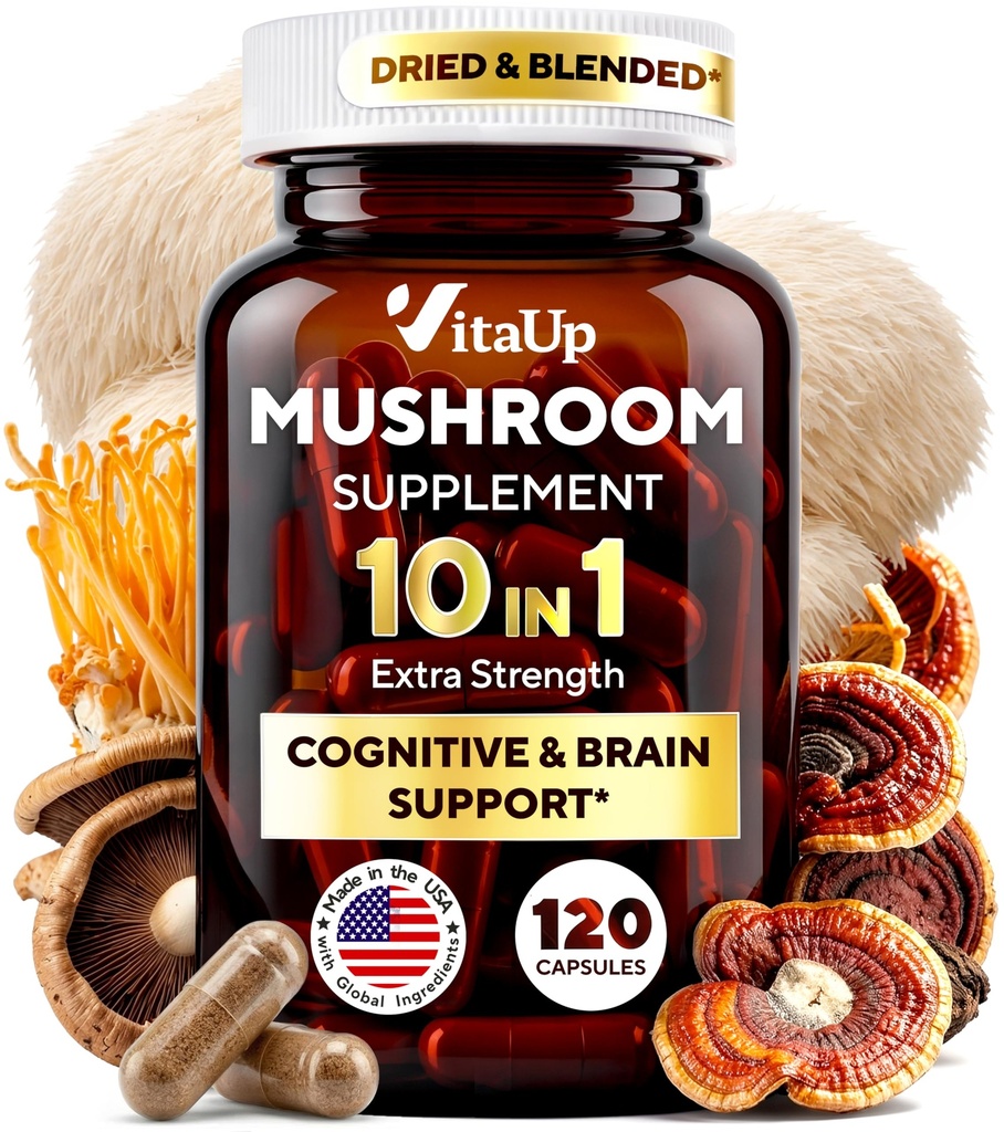Κάψουλες Συμπλήρωμα Lions Mane - ΗΠΑ Made 10 in 1 Mushroom Supplement - Mushroom Complex with Lions Mane, Cordyceps, Turkey Tail, Reishi, Shiitake for Cognative & Immune Support - 120 Count