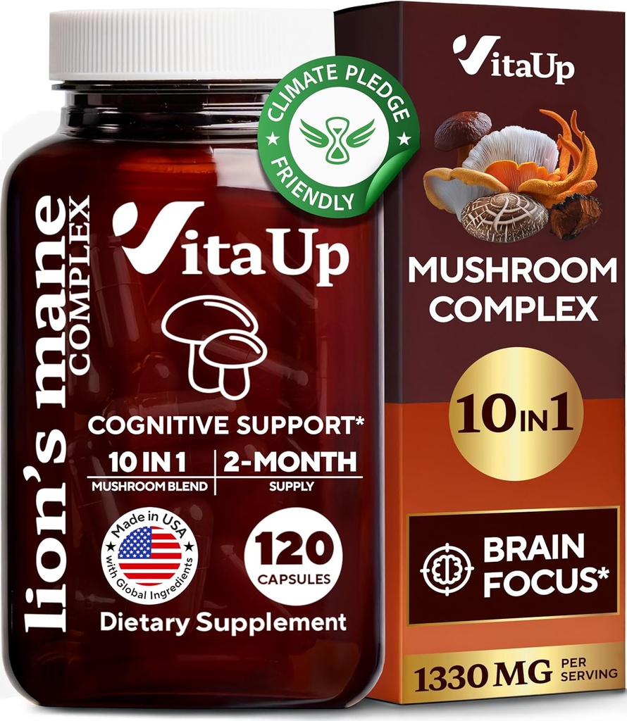 Κάψουλες Συμπλήρωμα Lions Mane - ΗΠΑ Made 10 in 1 Mushroom Supplement - Mushroom Complex with Lions Mane, Cordyceps, Turkey Tail, Reishi, Shiitake for Cognative & Immune Support - 120 Count