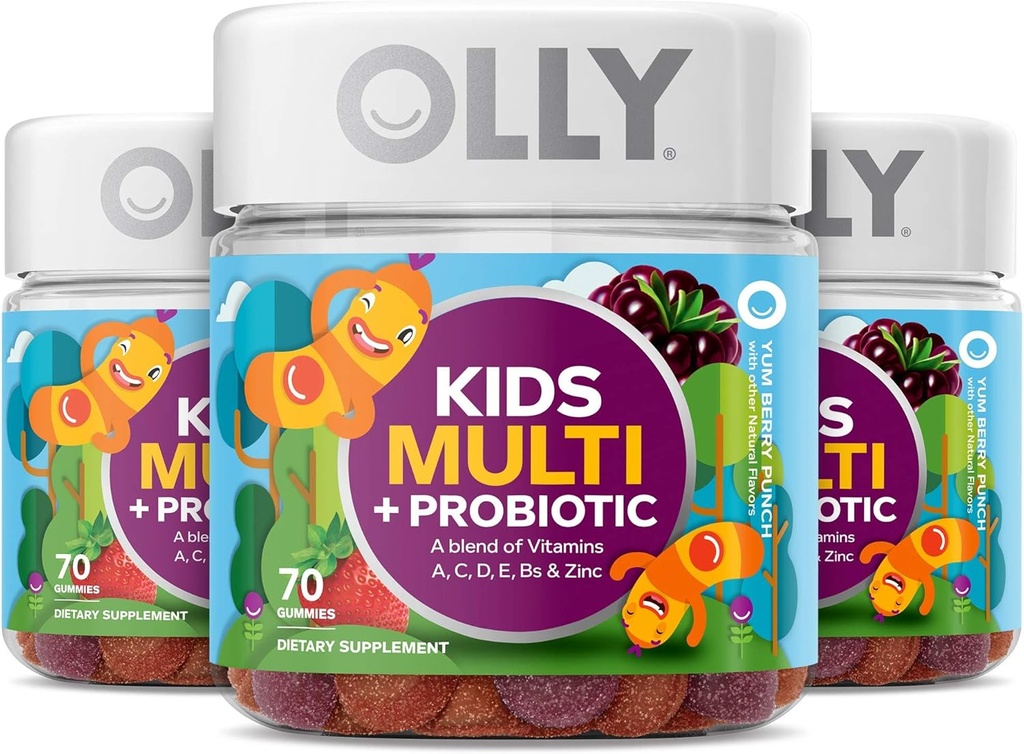 OLLY Kids Multivitamin + Probiotic Gummy, Vitamins A, C, D, E, B, Zinc, Probiotics, Chewable Supplement, Berry Flavor, 70 Count (3 Pack)
