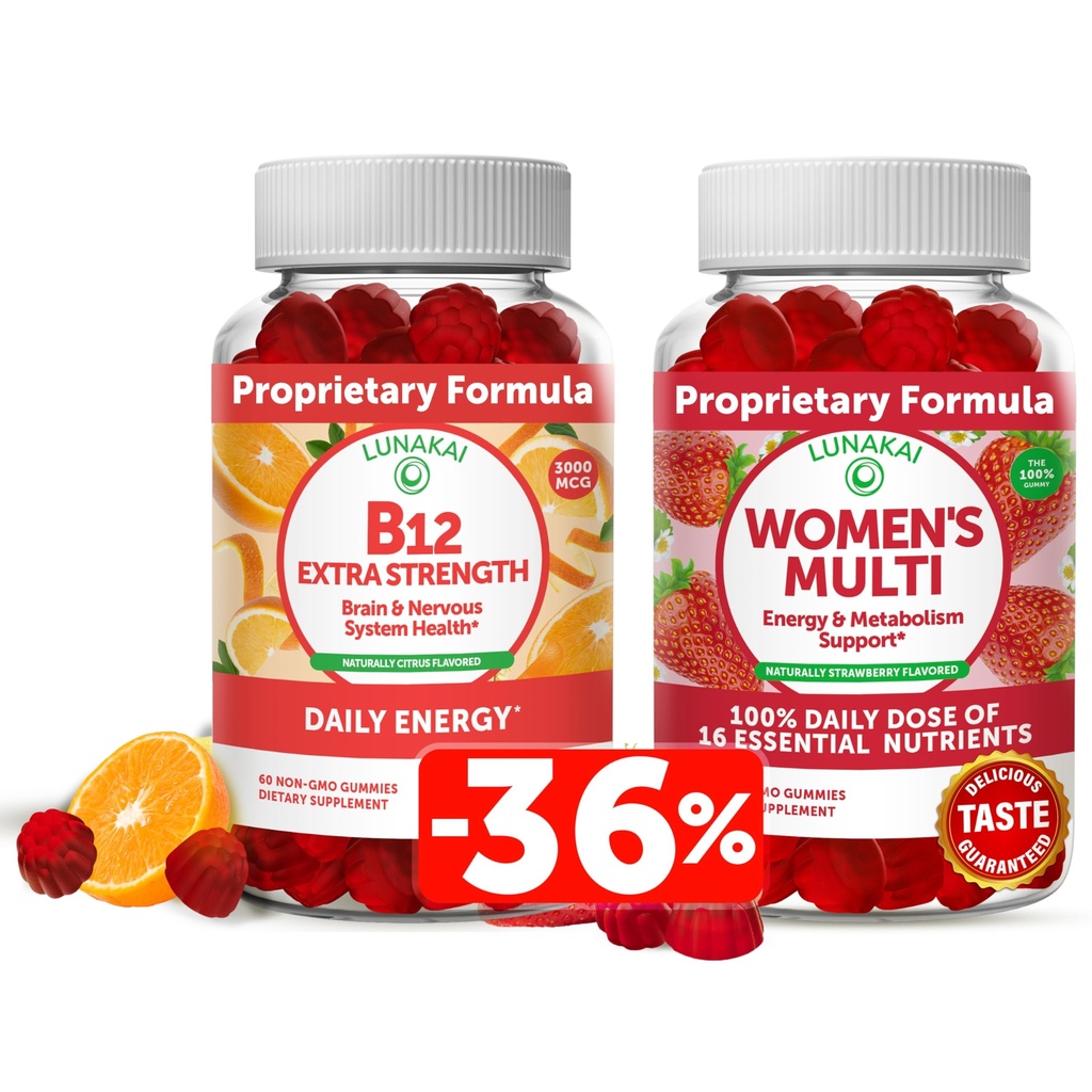 Lunakai Vitamin B12 και Πολυβιταμίνες Gummys γυναικών Bundle - Συμπλήρωμα μη ΓΤΟ & Vegan για την ενεργειακή υποστήριξη και την υγεία των οστών - 100% Καθημερινή Αξία των 16 Απαραίτητες Βιταμίνες και Ορυκτά - 30 ημέρες προσφοράς