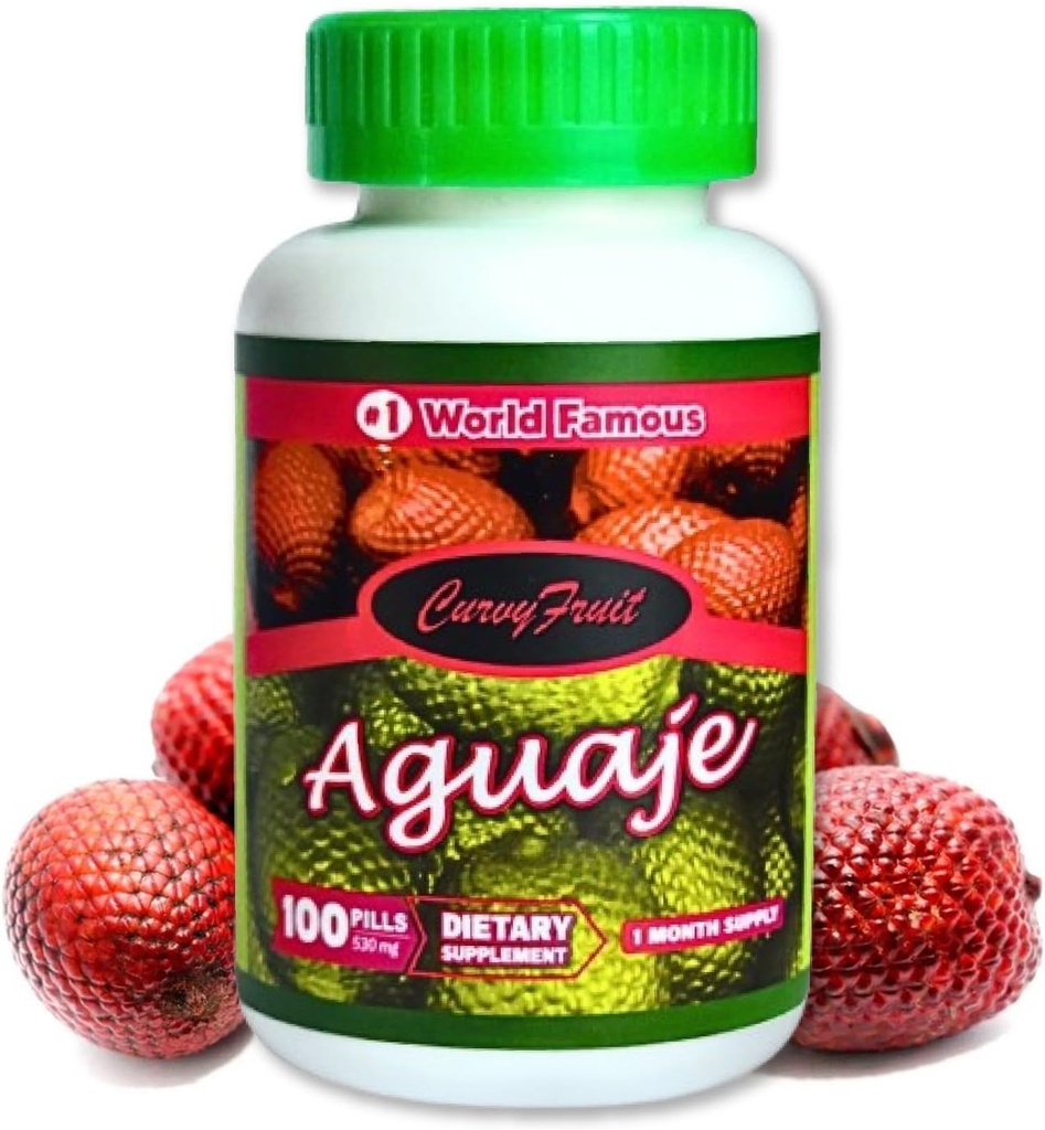Aguaje Curvy Fruit Pills - 100% Natural, High Phytoestrogen Content, 550 mg, 100 Count (1 Month Supply) - Enhance Your Curves