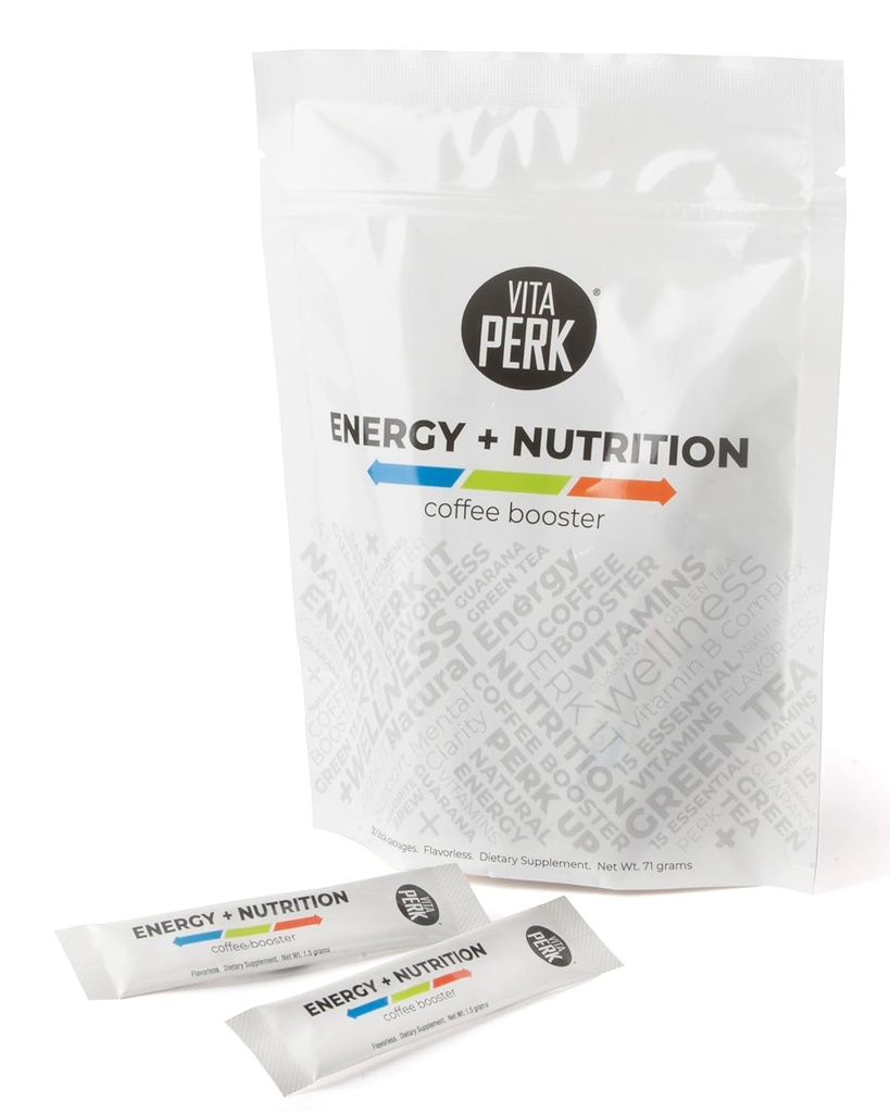 VitaPerk Flavorless Energy Drink Powder - Multivitamin Powder with 15 Vitamins & Minerals, Green Tea & Guarana for Energy Support, Enhance Your Coffee, Tea, Smoothies & More - 0.05oz, 30 Stick Packs