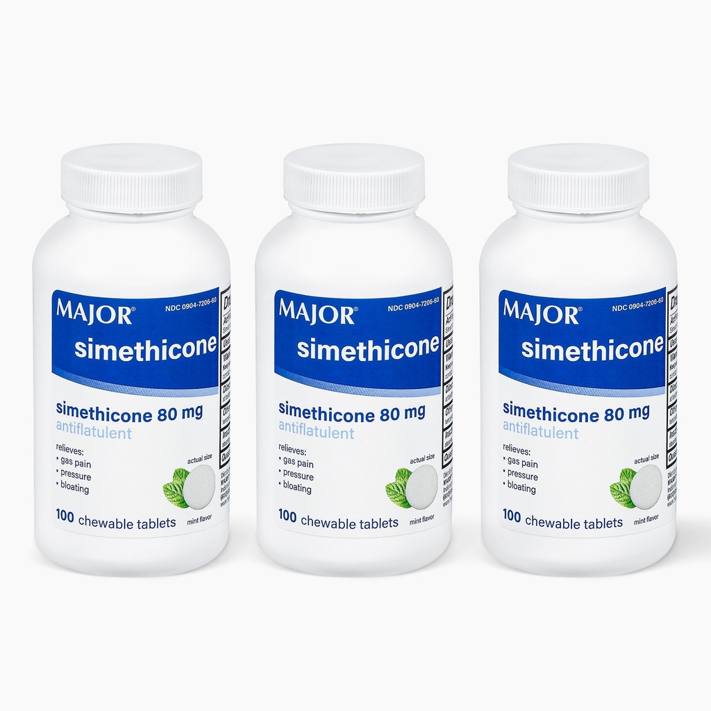 MAJOR Simethicone Gas Relief 80 mg - Αντιμετωπιστική μετωπικότητα, Bloating and Gas Pressure Aid - 100 Μασώμενα δισκία (3 Pack)