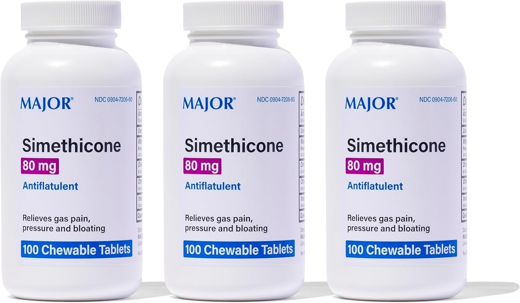 MAJOR Simethicone Gas Relief 80 mg - Anti Flatulence, Bloating and Gas Pressure Aid - 100 Chewable Tablets (3 Pack)