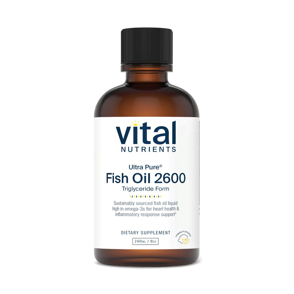 Vital Nutrients - Ultra Pure Fish Oil 2600 (Φαρμακευτική Βαθμός) - Hi-Potency Υγρό ιχθυέλαιο βαθιάς θάλασσας, Καρδιαγγειακή Υποστήριξη, Φυσικό άρωμα λεμονιού - 8 fl Oz ανά φιάλη