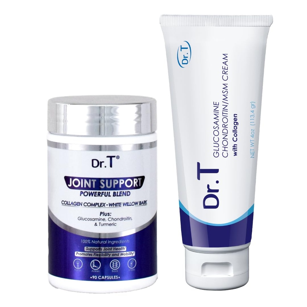 Dr. T Joint Health Bundle: Glucosamine/Chondroitin MSM Cream with Collagen + Joint support Supplement 