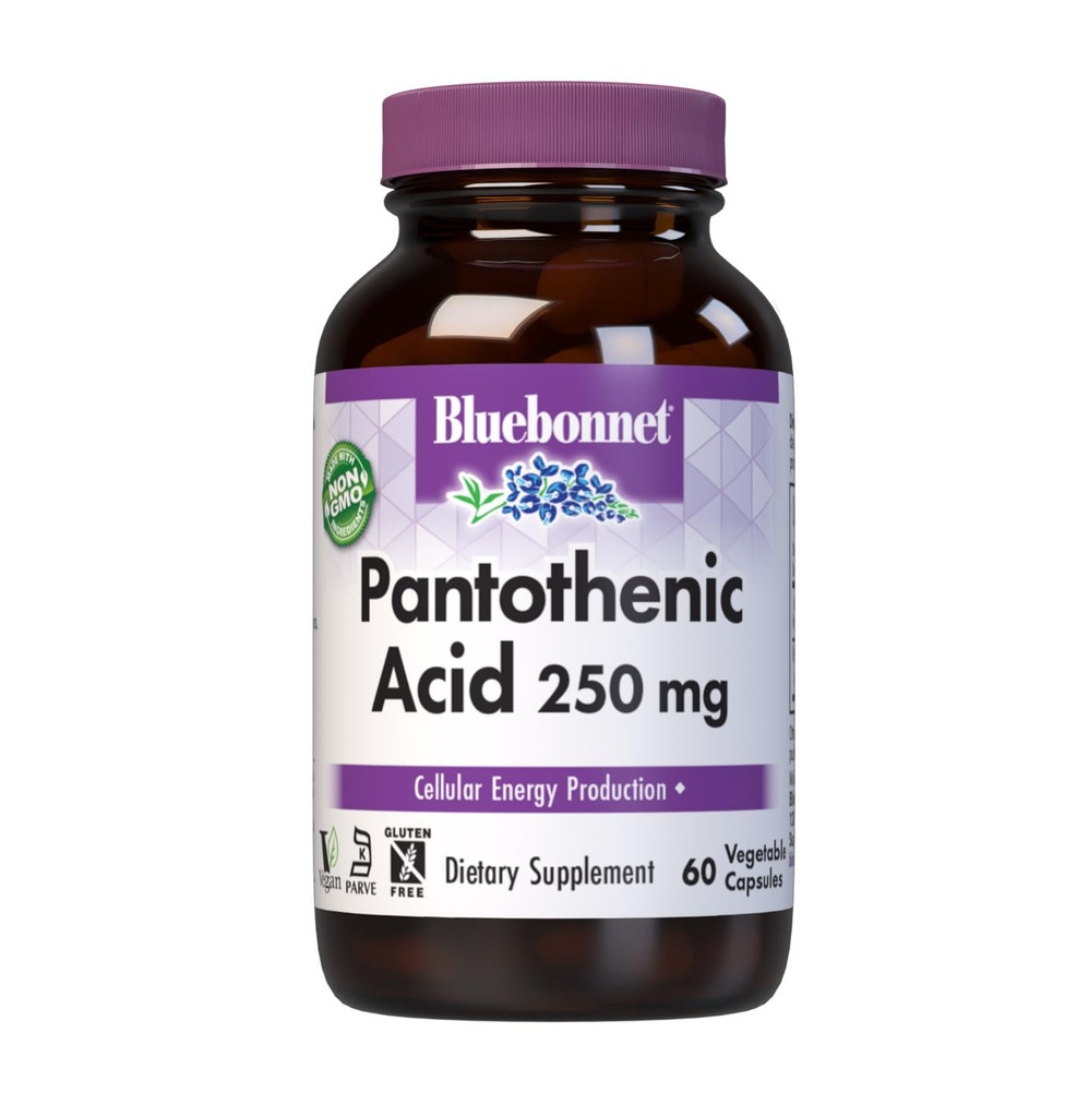 BlueBonnet Nutrition Pantothenic Acid 250 mg Καθημερινή Βιταμίνη B5 Συμπλήρωμα για Κυτταρική Ενέργεια για Γυναίκες & Άνδρες - Vegan, Χωρίς Γλουτένη, Μη-ΓΤΟ - 60 Καψάκια λαχανικών