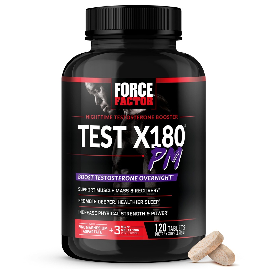 Force Factor Test X180 PM Testosterone Booster for Men, Overnight Testosterone Supplement to Build Muscle, Increase Strength, and Promote Deeper, Healthier Sleep and Recovery, 120 Tablets