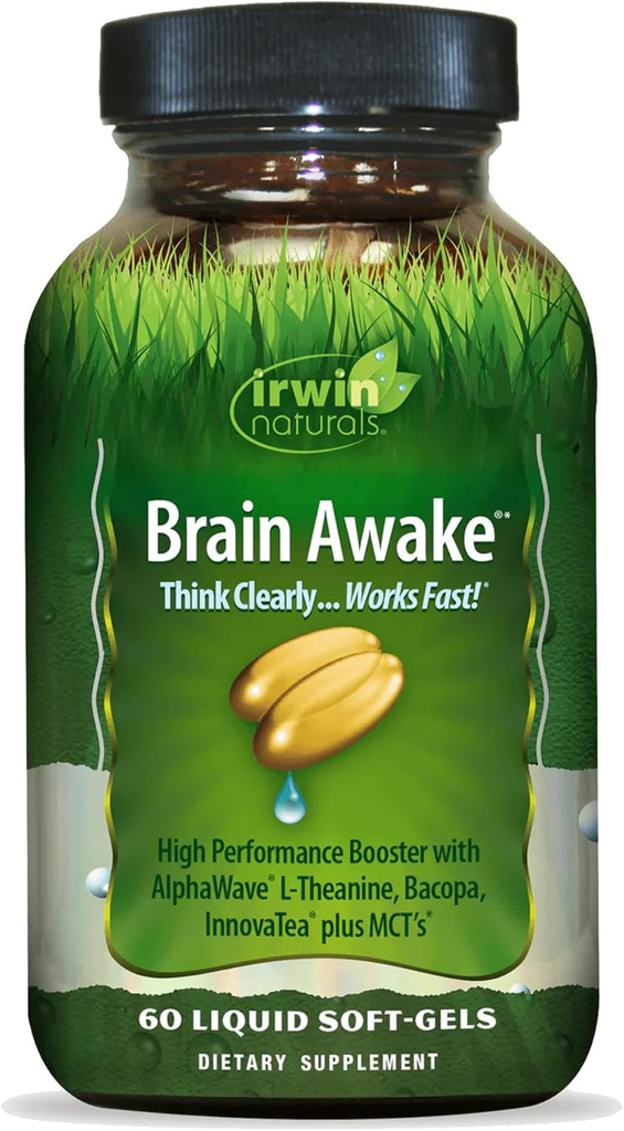 Irwin Naturals Brain Ξύπνα - 60 Liquid Softgels - Ενισχυμένη Ψυχική Απόδοση, Αυξημένη Εστίαση, Καθαρότητα & Συγκέντρωση - Nootropic Booster with L-Theanine, Bacopa, MCTs