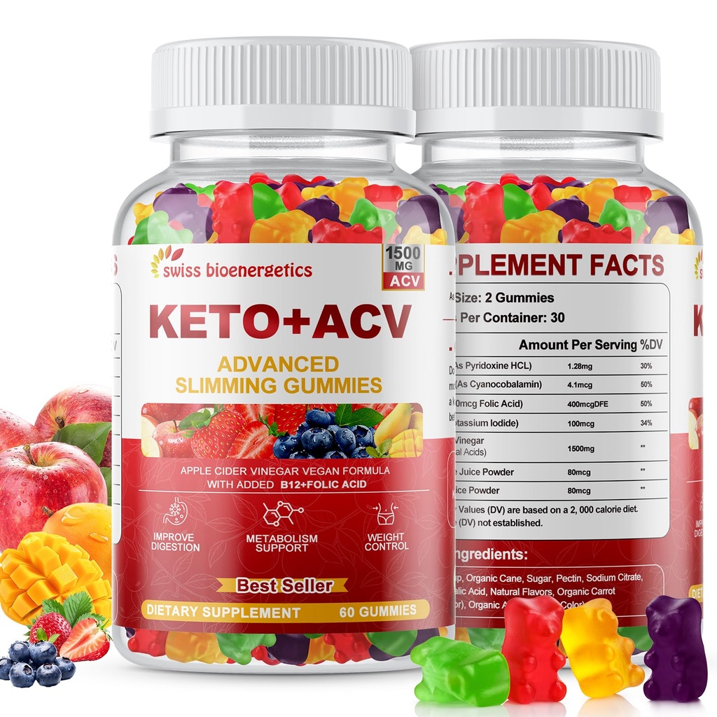Keto Apple Cider Vinegar Gummies, Keto ACV Gummy Συμπλήρωμα διατροφής, Advanced 1500mg ACV Gummies with Folate, B12、B6 και Keto Υποστήριξη για γυναίκες άνδρες, ζελατίνη- Δωρεάν, Vegan & μη-GMO (Multi-Flavor)
