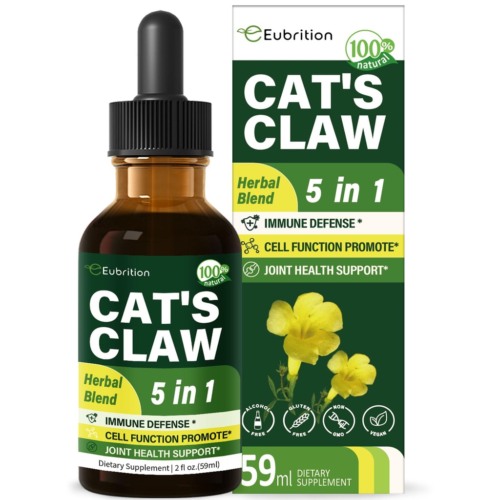 Βότανο Cat's Claw (Uña de Gato) Υγρές σταγόνες ανοσοποιητικής υποστήριξης, 5-σε-1 συμπλήρωμα βοτάνων με εκχύλισμα Echinacea & Elderberry, Χωρίς Αλκοόλ Βάμμα για την Ανοσία Boost, Joint & Bone Health. 2 oz