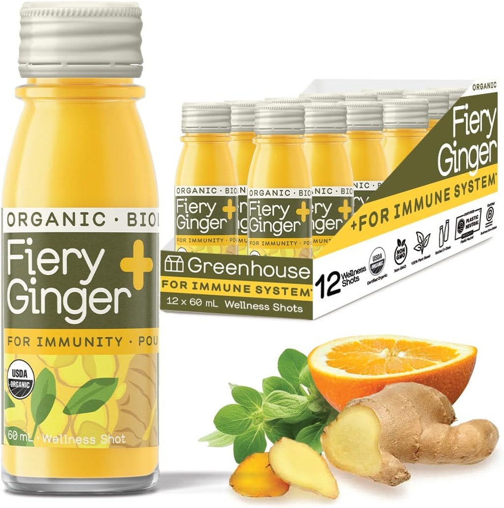 Θερμοκήπιο Χυμός Βιολογικά Fiery Ginger Wellness Shots 12-Count 60ml Γυάλινα μπουκάλια, Vegan & Gluten-Free