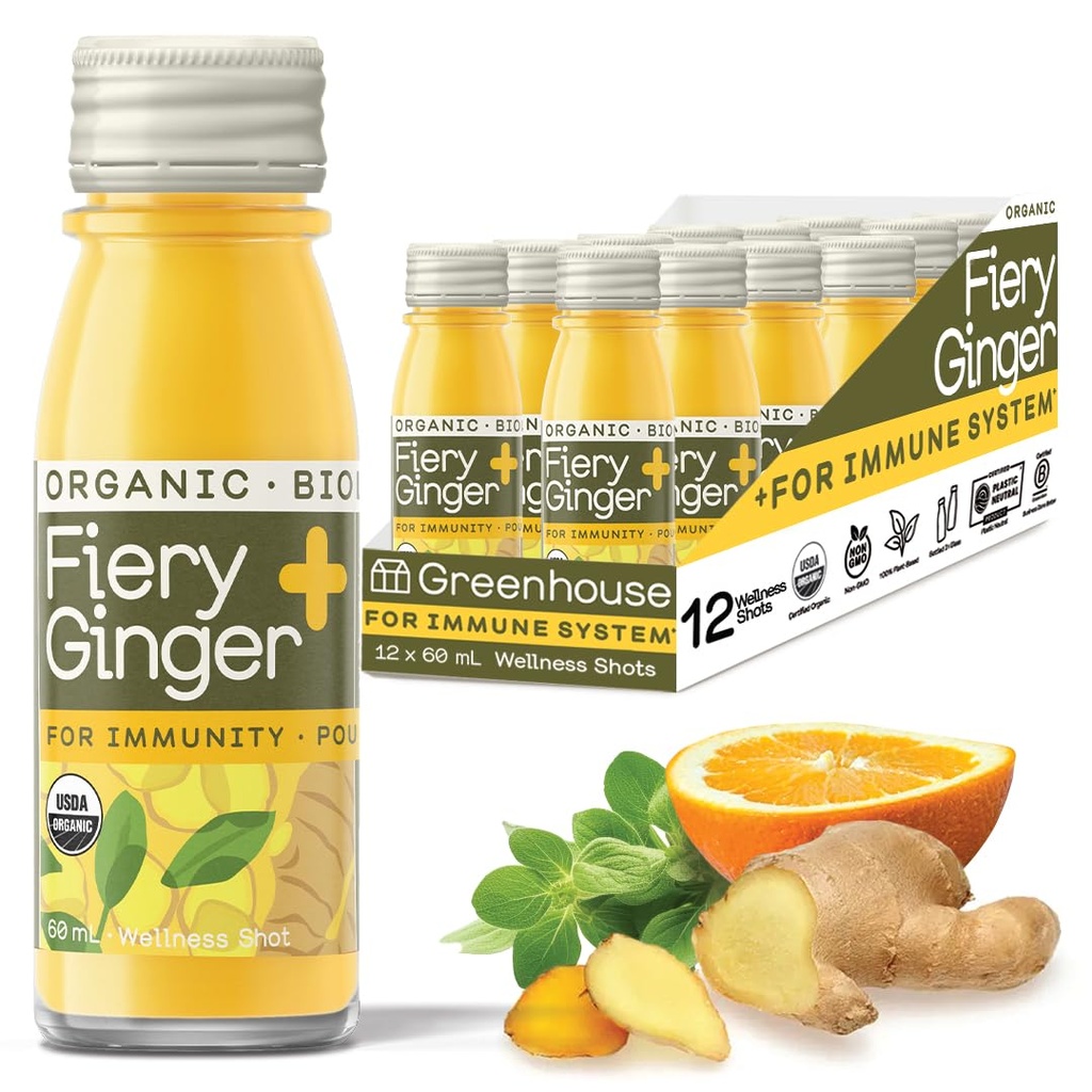 Θερμοκήπιο Χυμός Βιολογικά Fiery Ginger Wellness Shots 12-Count 60ml Γυάλινα μπουκάλια, Vegan & Gluten-Free