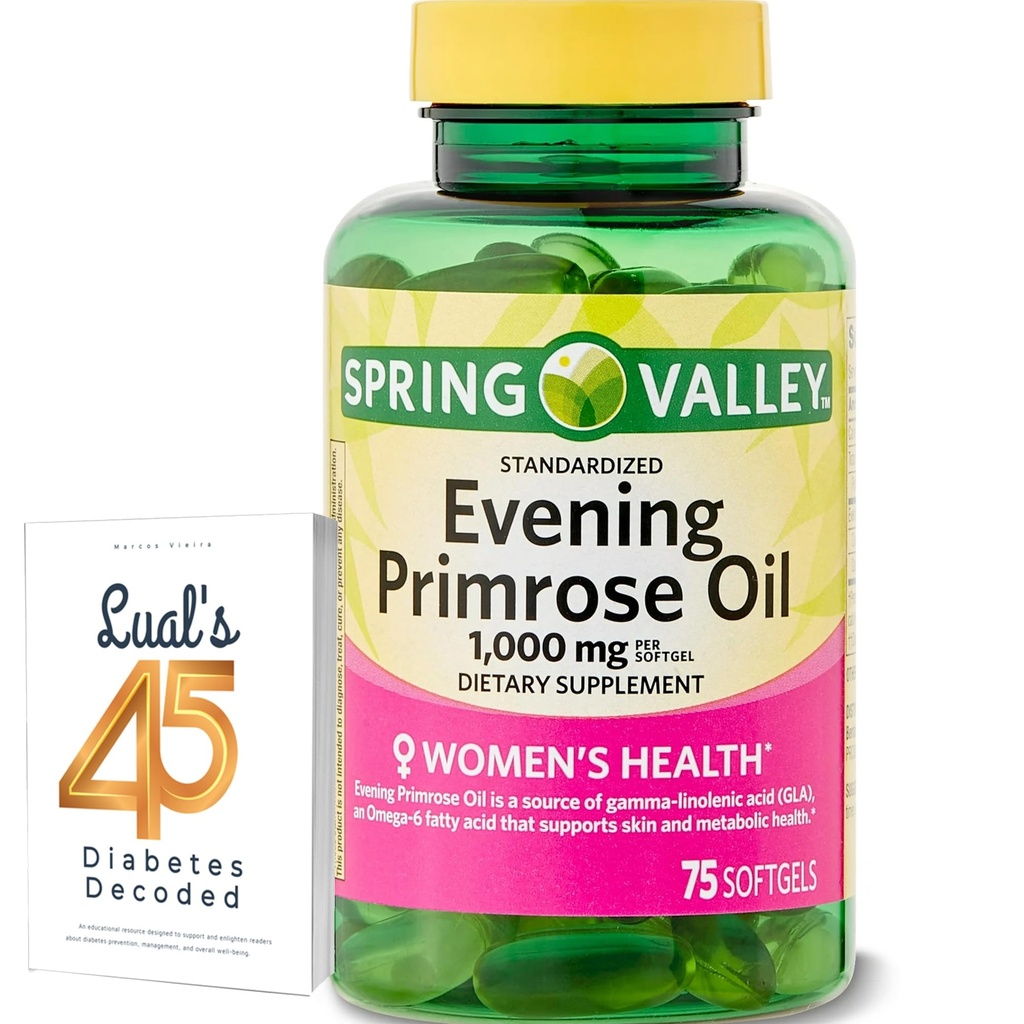 Spring Valley Evening Primrose Oil Women's Health Dietary Supplement Softgels, 1000 mg, 75 Count, Softgels, Evening Primrose Oil Capsules 1000mg Bundle with LualL's 45 Diabetes Decoded