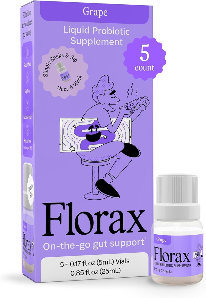 Florax - Υγρό Προβιοτικό - On-The-go Gut Υποστήριξη για τις γυναίκες, άνδρες, και τα παιδιά - Vegan, Χωρίς γλουτένη, Λακτόζη, Χωρίς σόγια και συντηρητικά Δωρεάν - Grape Flavor - 5 Φιαλίδια