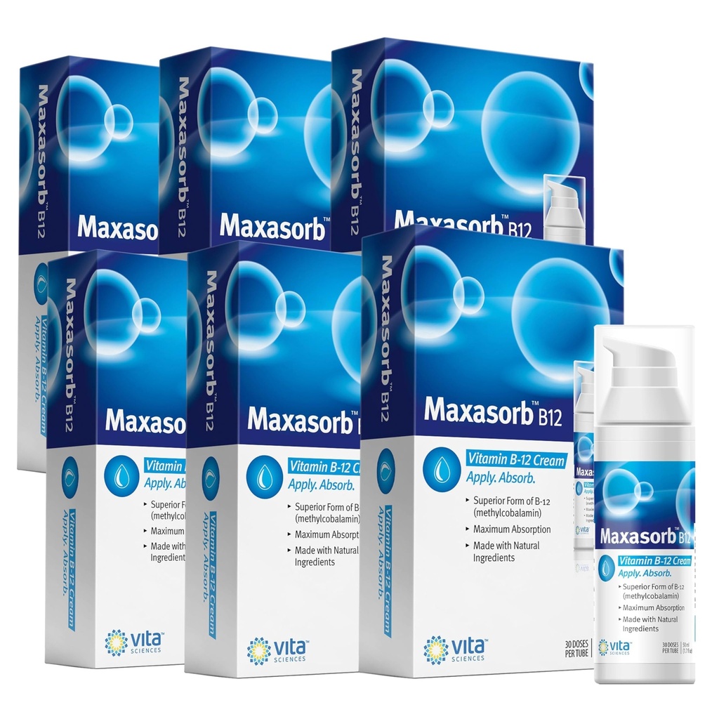 Vita Sciences Maxasorb B12 Vitamin B-12 Cream 1000 mcg: Ισχυρή επίκαιρη μεθυλοκοβαλαμίνη για την ενέργεια, την υγεία και το λαμπερό δέρμα - Συσκευασία των 6